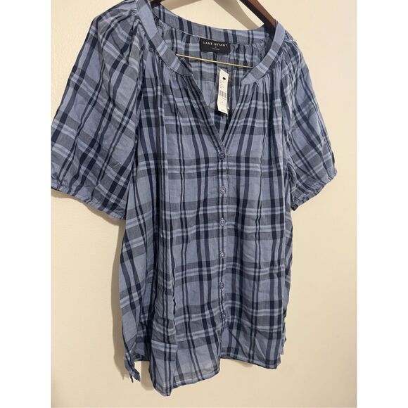 NWT Lane Bryant Puff Sleeve Button Down Blue Plaid Size 12 Blouse - Picture 2 of 8